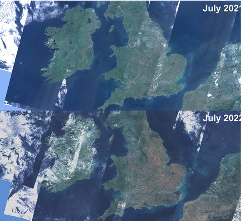 Satellite image of the UK showing the difference between July 2021 and 2022